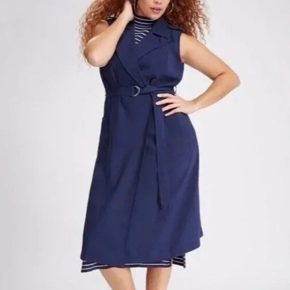 NWT Lane Bryant Sleeveless Trench Coat Navy Blue Long Tie Vest Plus Size 26/28 - Picture 1 of 8